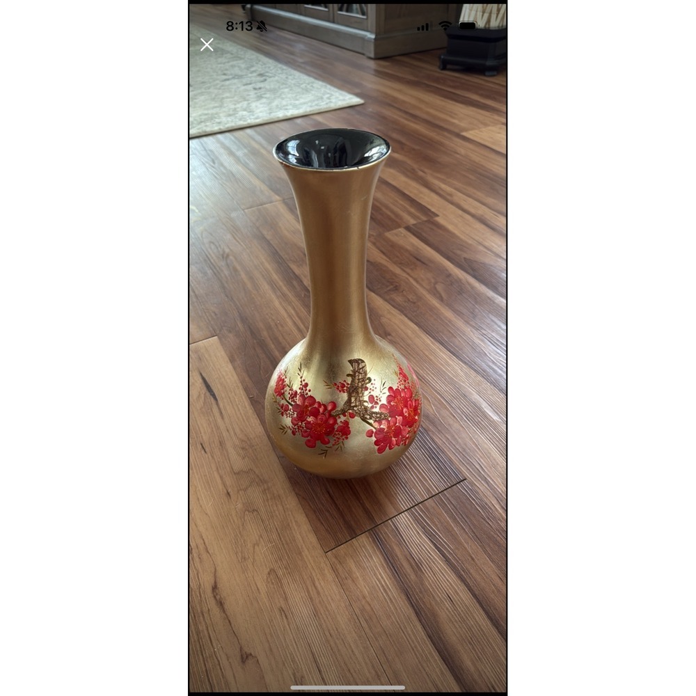 Gold Vase with‎ Red Floral Design Home Decor Accent Table Centerpiece